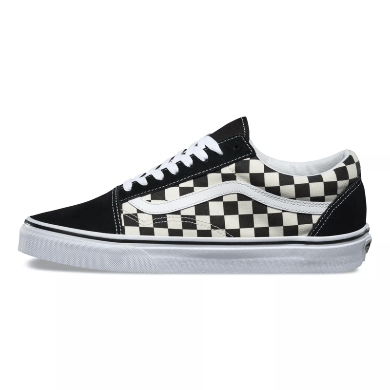 Vans Checkerboard Old Skool sneakers with black suede overlays, white leather side stripe, and black-and-white checkered canvas, side view.