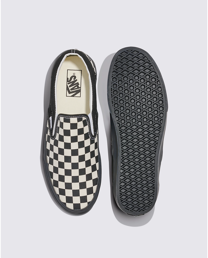 Vans Checkerboard Slip On shoes with black and white checkerboard canvas upper and waffle outsole, top and sole view.