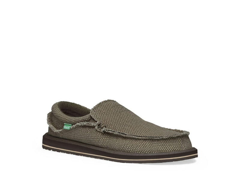 Sanuk Chiba slip-on shoes in olive green woven fabric with casual frayed edges and cushioned sole, angled side view.