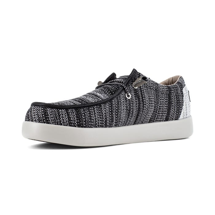 Volcom Chill Composite Toe ESD Slip-On shoes in gray and black textured fabric with cushioned white sole, side angle view.