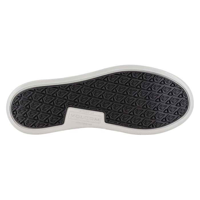 Volcom Chill Composite Toe ESD Slip-On outsole with textured black rubber tread and branded heel detail, sole/bottom view.