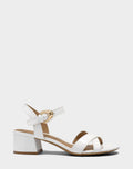 Comfortable Women's Low Heeled Sandal in White Faux Patent Side View