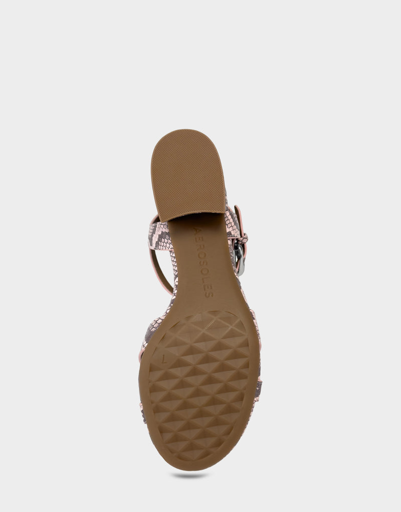 Comfortable Women's Heeled Sandal in Pink Faux Snake Print Leather Bottom View