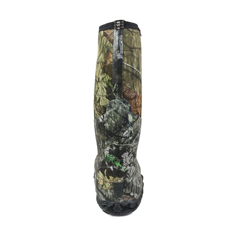 Bogs Classic High Mossy Oak boots with camouflage pattern and durable sole, back view showing pull tab and rugged design.