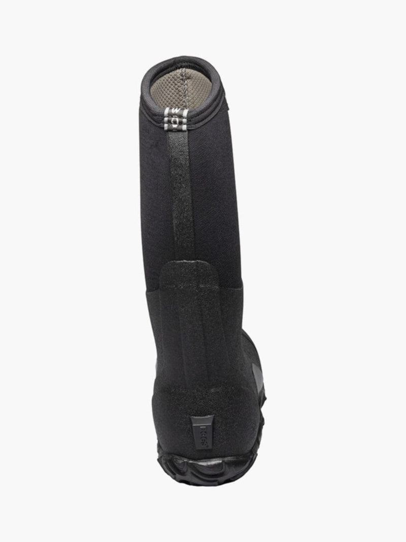 Bogs Classic High boots in black with durable waterproof design and textured outsole, back view.