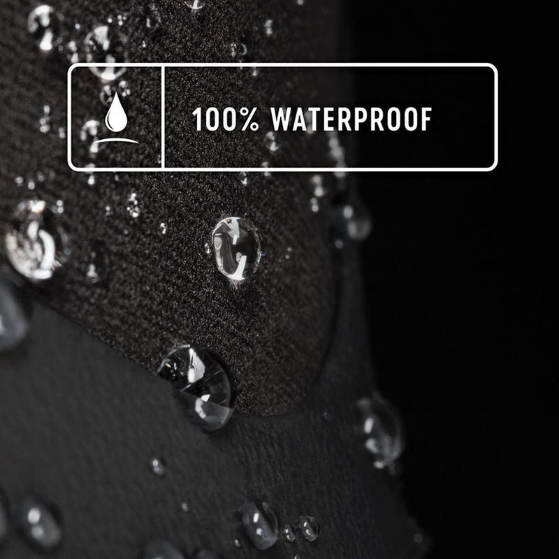 Bogs Classic High boots close-up showing black waterproof material with water-repellent droplets detailing.