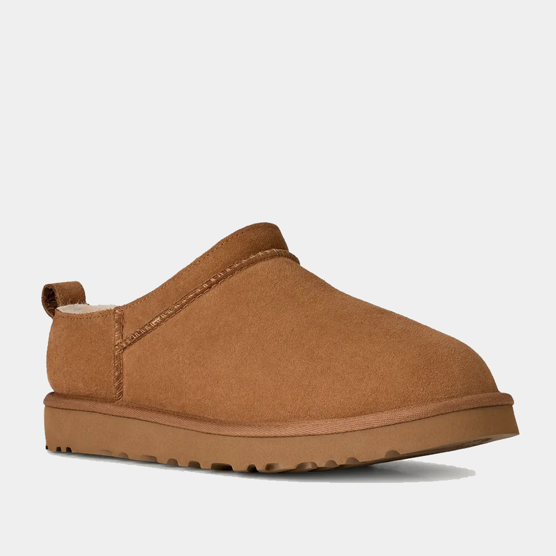 UGG Classic Micro shoes in chestnut suede with plush lining and lightweight sole, side perspective.