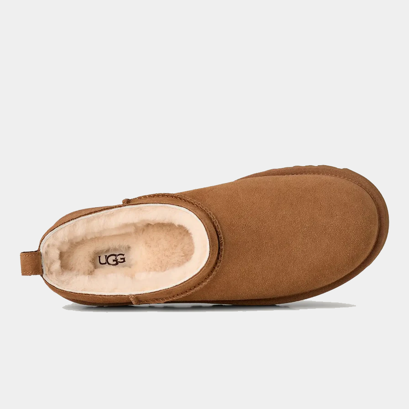 UGG Classic Micro shoes in chestnut suede with a plush shearling-lined interior, top view.