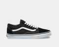 Vans Classic Old Skool sneakers in black canvas and suede with white side stripe, laces, and rubber outsole, side view.