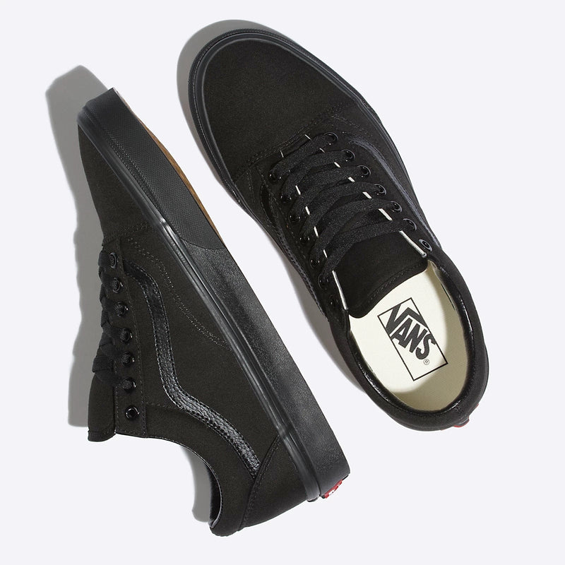 Vans Classic Old Skool sneakers in black canvas and suede with white Vans logo on insole, top and side view.