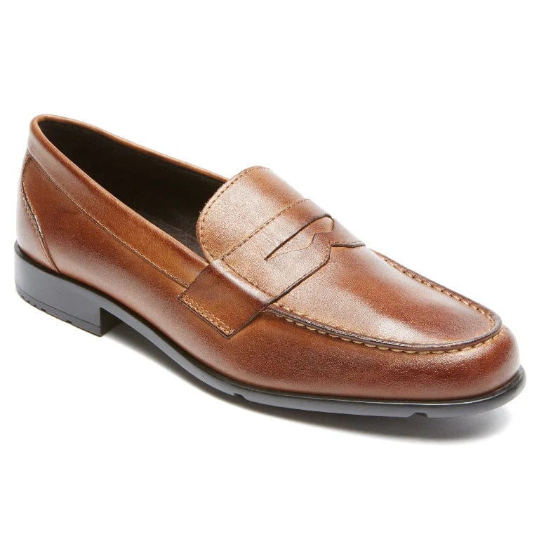 Rockport Classic Penny Loafers in brown leather with sleek silhouette and penny strap detail, side angle view