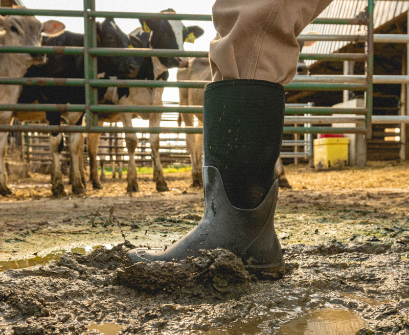 Bogs Classic Seamless Tall NT boots in black with waterproof construction and durable design, worn in muddy farmyard setting.