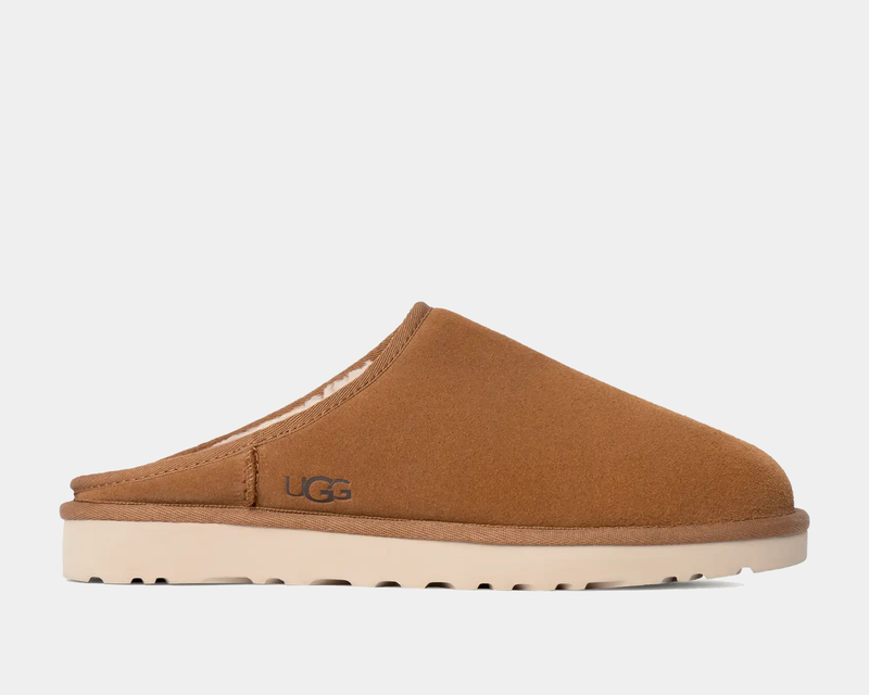 UGG Classic Slip-On shoes in chestnut brown suede with fleece lining and lightweight sole, side view.