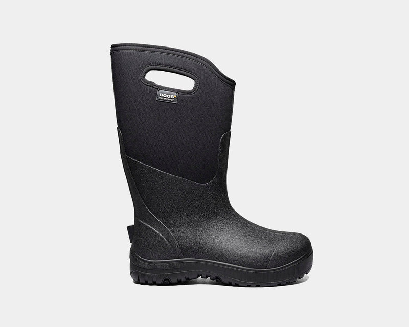 Bogs Classic Ultra High boots in black with durable waterproof construction, textured finish, and built-in handles, side view.
