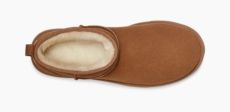 UGG Classic Ultra Mini Boot top view in chestnut brown suede with plush shearling lining.