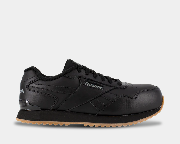 Reebok Work Classic Work Sneaker in black leather with gum outsole and padded collar, side view.