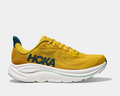 HOKA Clifton 10 running shoes in yellow with breathable mesh upper, cushioned white midsole, and teal accents, side view