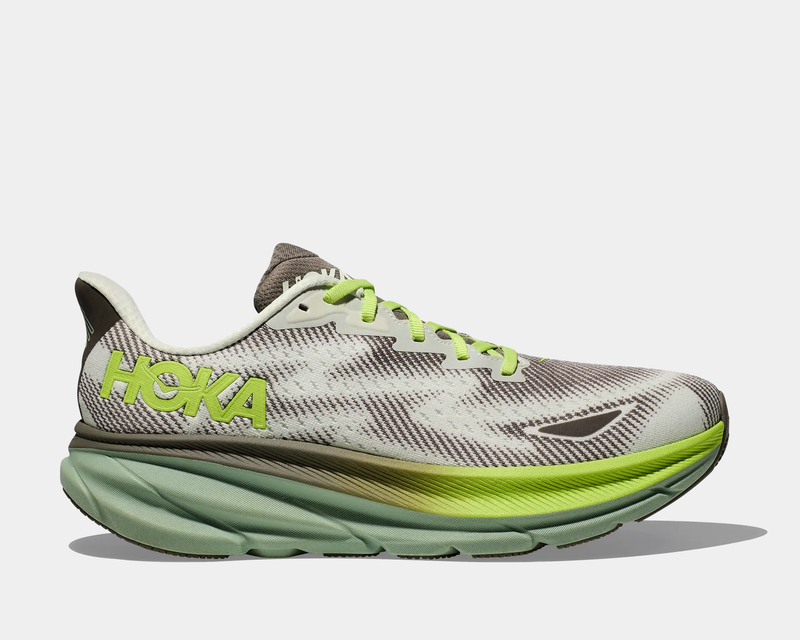 HOKA Clifton 9 GTX running shoes side view in gray and green with breathable mesh upper and cushioned midsole.