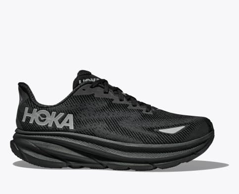 HOKA Clifton 9 GTX running shoes in all-black with weatherproof Gore-Tex upper and lightweight cushioned midsole, side view.