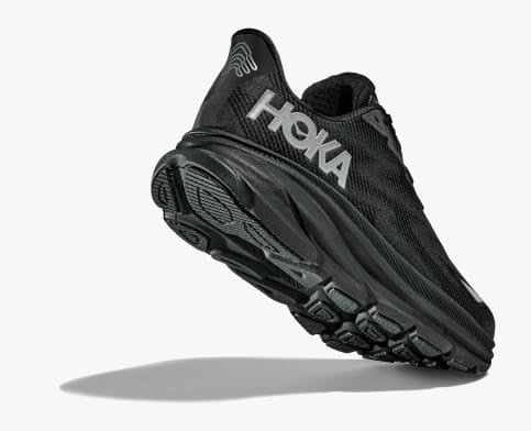 HOKA Clifton 9 GTX running shoes in black with waterproof Gore-Tex upper, cushioned midsole, and durable outsole, angled side-bottom view.