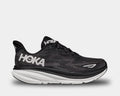 HOKA Clifton 9 running shoes in black with mesh upper, cushioned midsole, and lightweight design, side view.