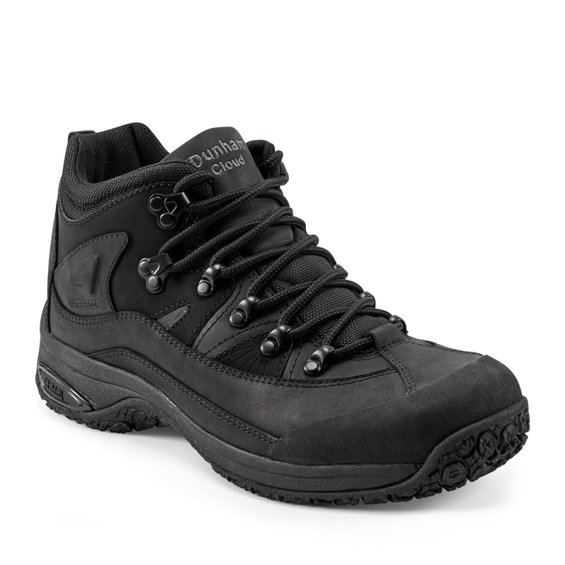 Dunham Cloud Boots in black with durable leather upper, metal eyelets, padded collar, and rugged outsole, front-side view.