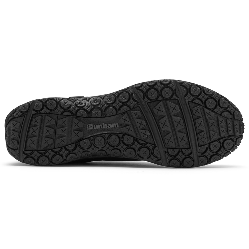 Dunham Cloud Plus Lace Up Waterproof Trekker outsole with rugged tread pattern in black rubber, bottom view.