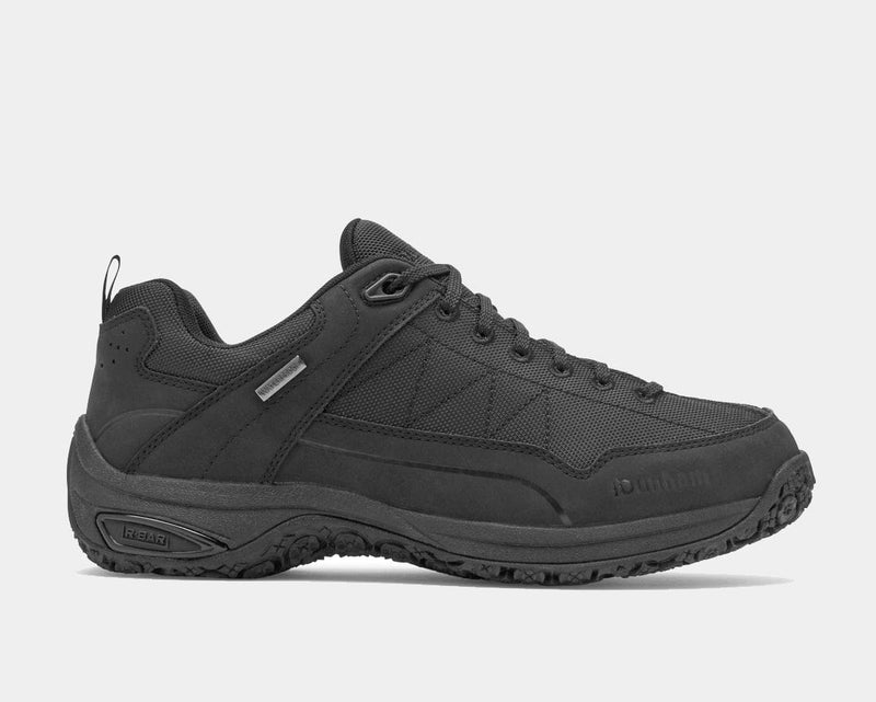 Dunham Cloud Plus Lace Up Waterproof Trekker shoes, black with durable leather and mesh upper, side view showing rugged sole.
