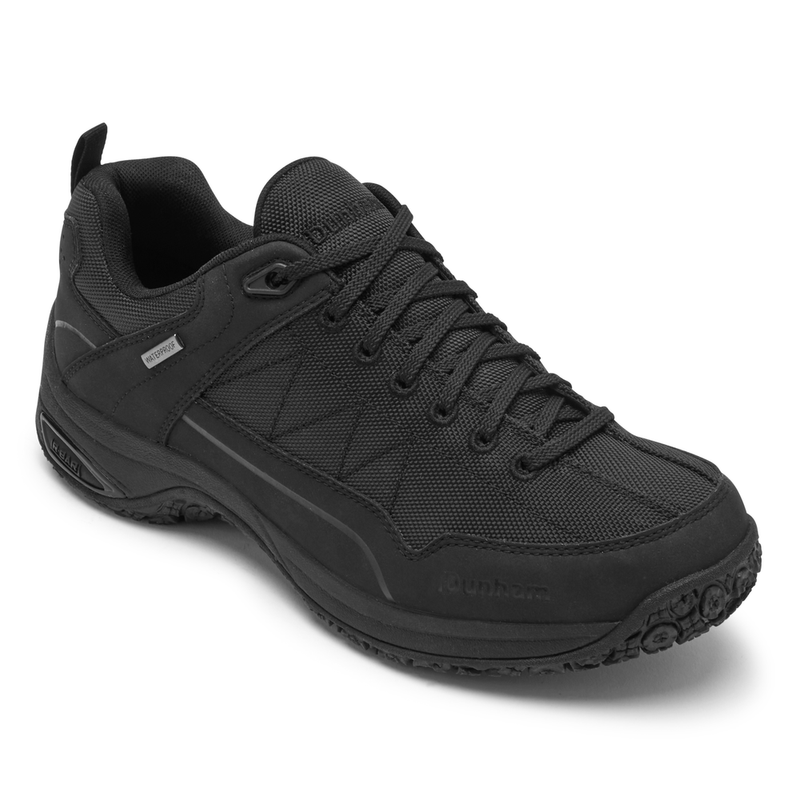 Dunham Cloud Plus Lace Up Waterproof Trekker shoes in black with durable mesh upper, reinforced toe, and rugged outsole, side angle view.
