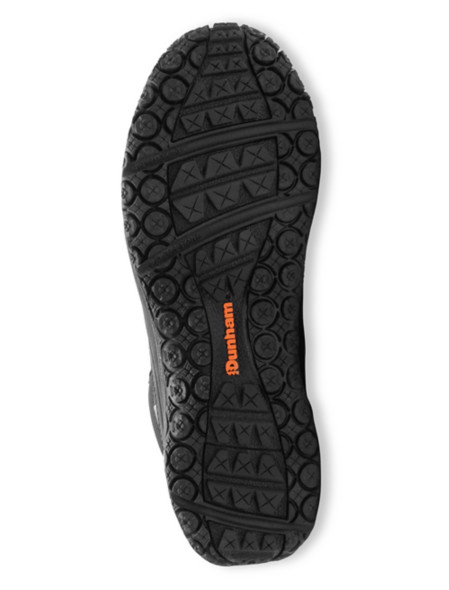 Dunham Cloud Plus Mid II hiking boots sole view featuring black rubber with durable tread pattern and orange branding.