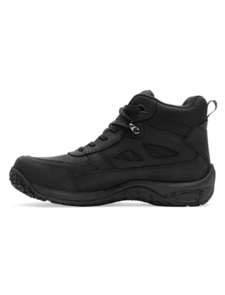 Dunham Cloud Plus Mid II hiking boots in black with leather upper, durable outsole, and padded collar, side view.