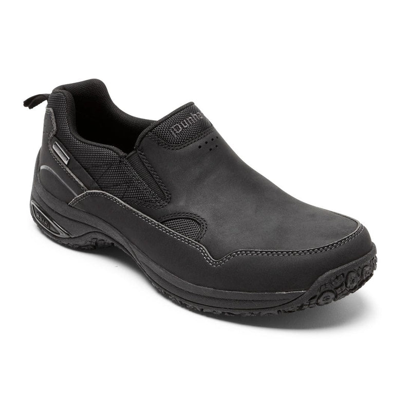 Dunham Cloud Plus Waterproof Slip-On shoes in black leather with breathable mesh panels and durable rubber outsole, front angle view.