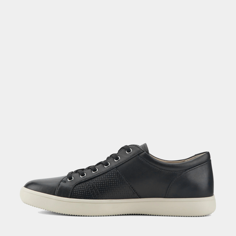 Rockport Colle Tie casual sneakers in black leather with textured side panel and white rubber sole, side view.