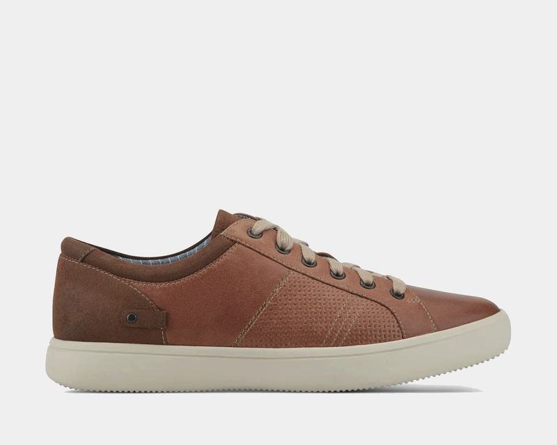 Rockport Colle Tie casual sneakers in brown leather with textured side panels, beige laces, and white rubber outsole, side view.