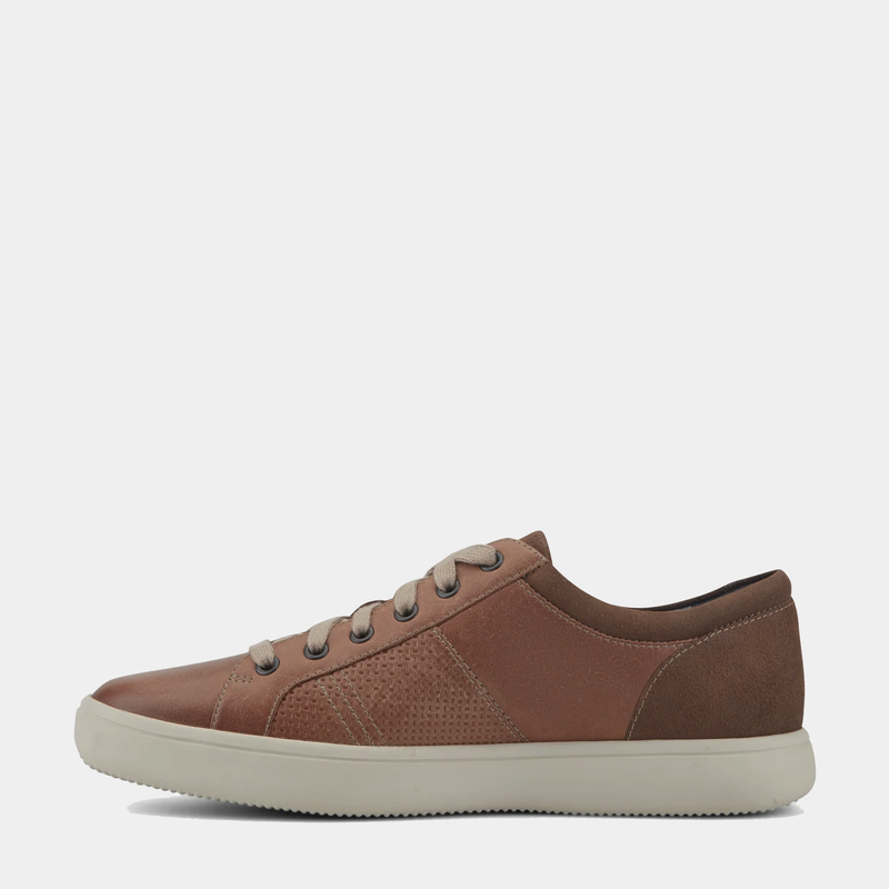 Rockport Colle Tie casual sneakers in brown leather and suede with perforated detailing, side view showing off white rubber sole.