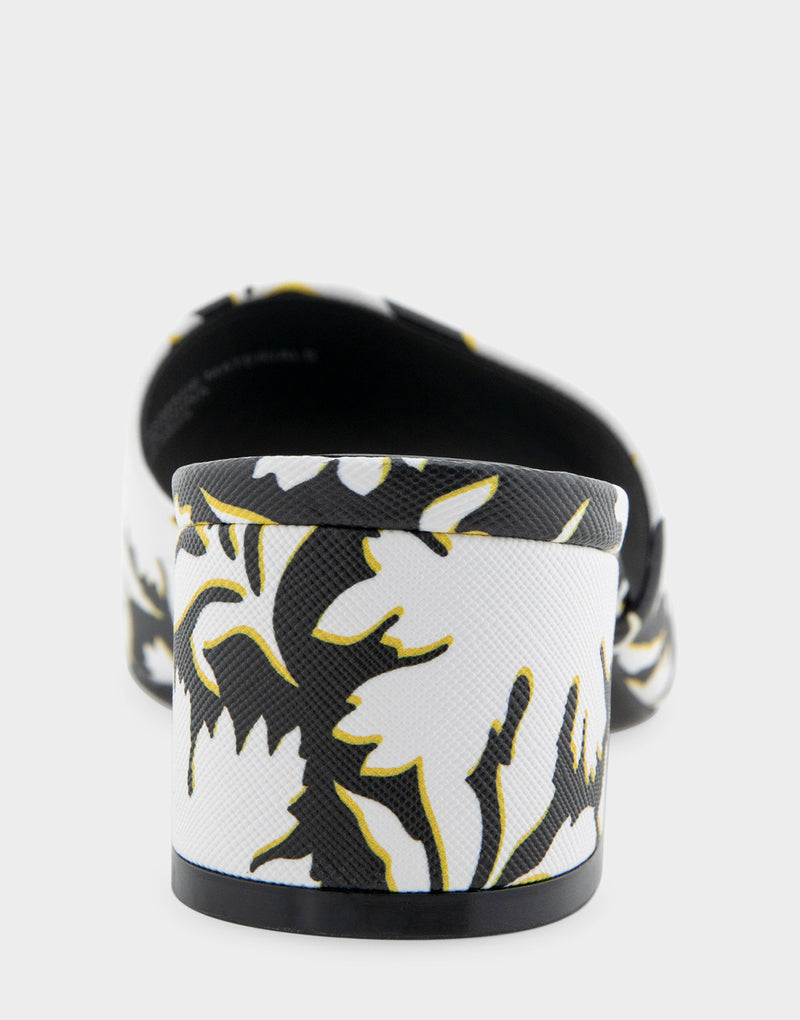 Comfortable Women's Heeled Sandal in White/black Printed Floral Faux Leather Back View