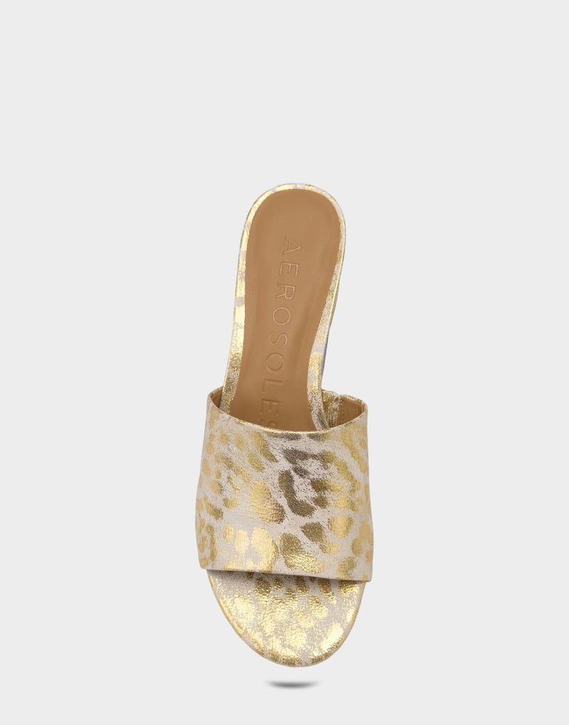 Comfortable Women's Low Heeled Sandal in Metallic Faux Leopard Full Front View
