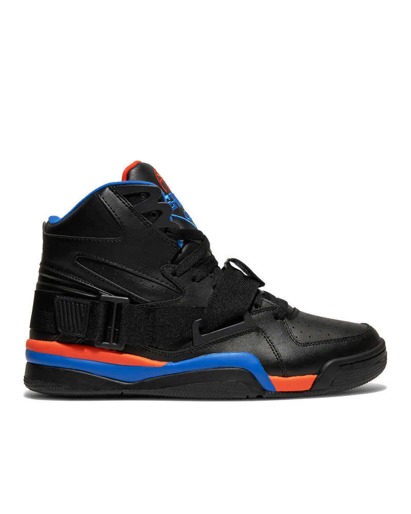 Ewing Athletics CONCEPT OG PE sneakers in black leather with orange and blue accents and midfoot strap, side view.