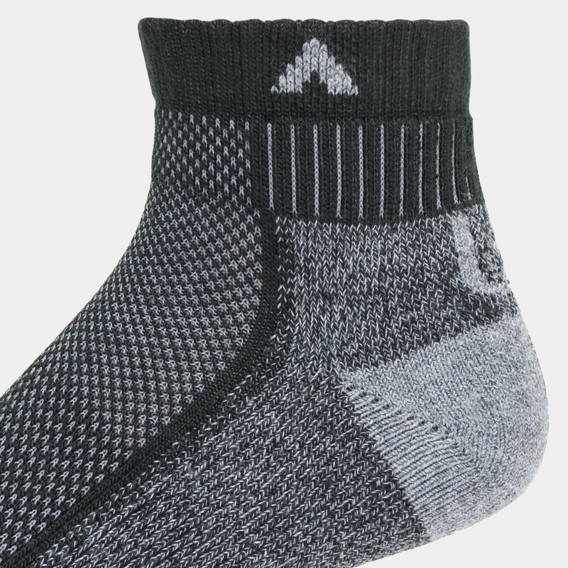 Wigwam Cool-Lite Hiker Quarter socks in gray and black, featuring ribbed cuff and breathable knit fabric, side view.