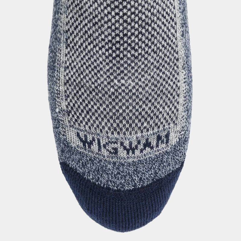 Wigwam Cool-Lite Hiker Quarter socks in navy blue and gray with durable knit fabric, toe box perspective.