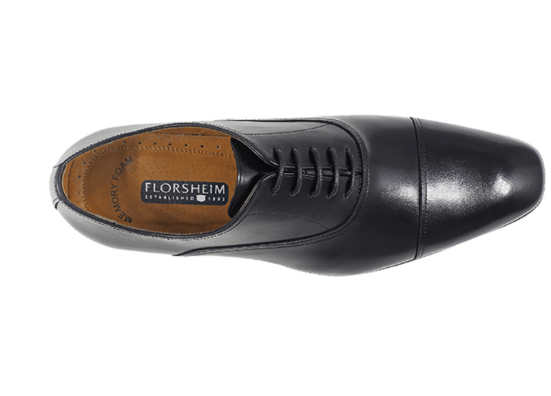 Florsheim Corbetta dress shoe in black leather with memory foam insole, cap toe design, and lace-up closure, top view.