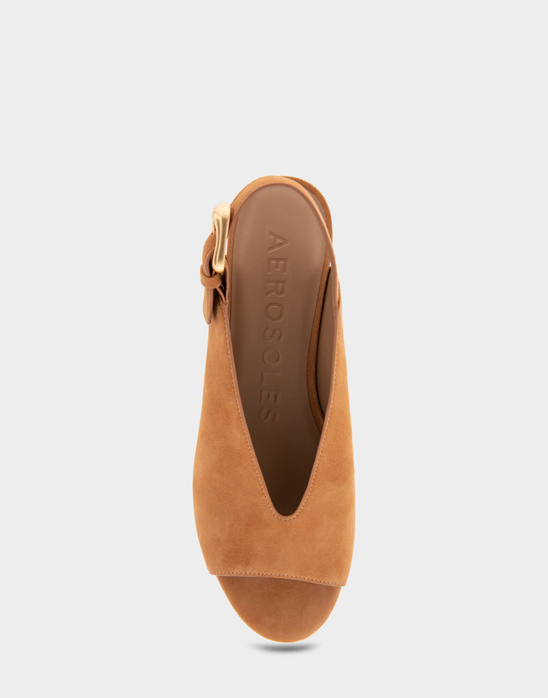 Comfortable Women's Peep Toe Platform Sandal in Tan Suede Full Front View