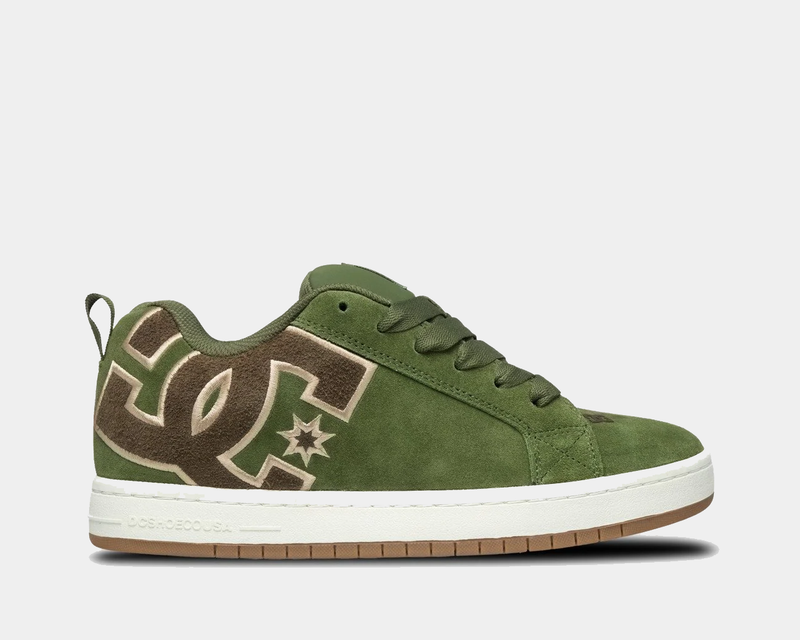 DC Footwear Court Graffik SE skate shoes in olive green suede with oversized logo detailing and gum rubber outsole, side view.