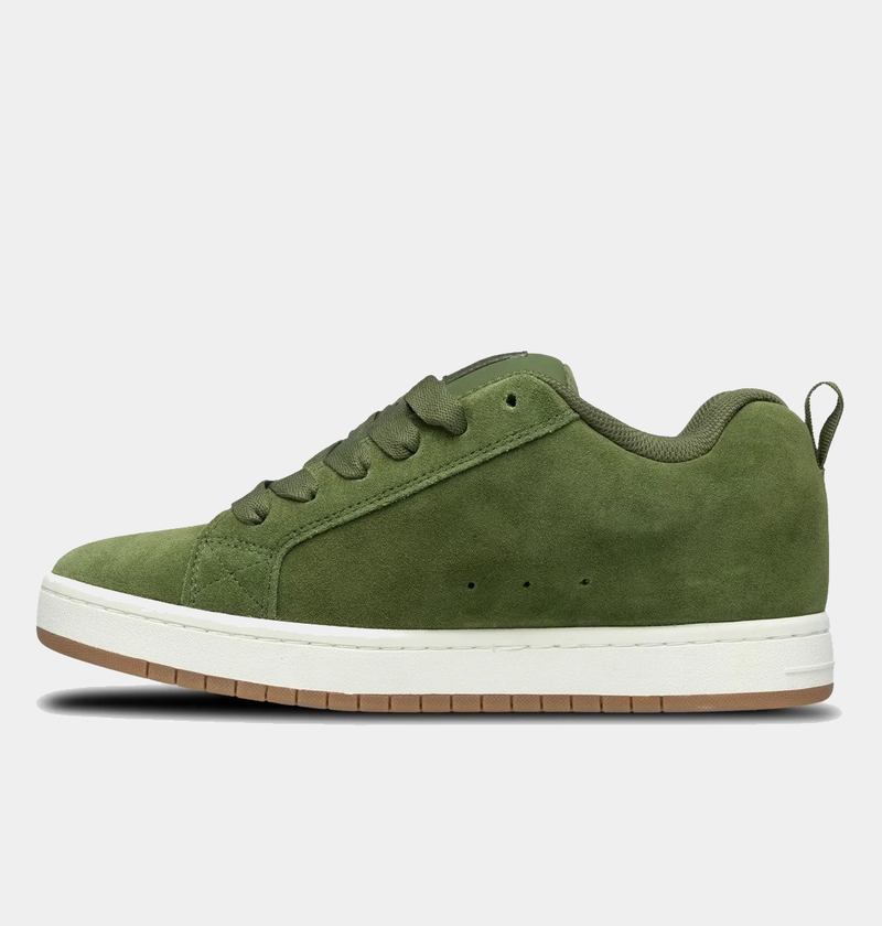 DC Footwear Court Graffik SE sneakers in olive green suede with perforated side detailing, white midsole, and gum outsole, side view.