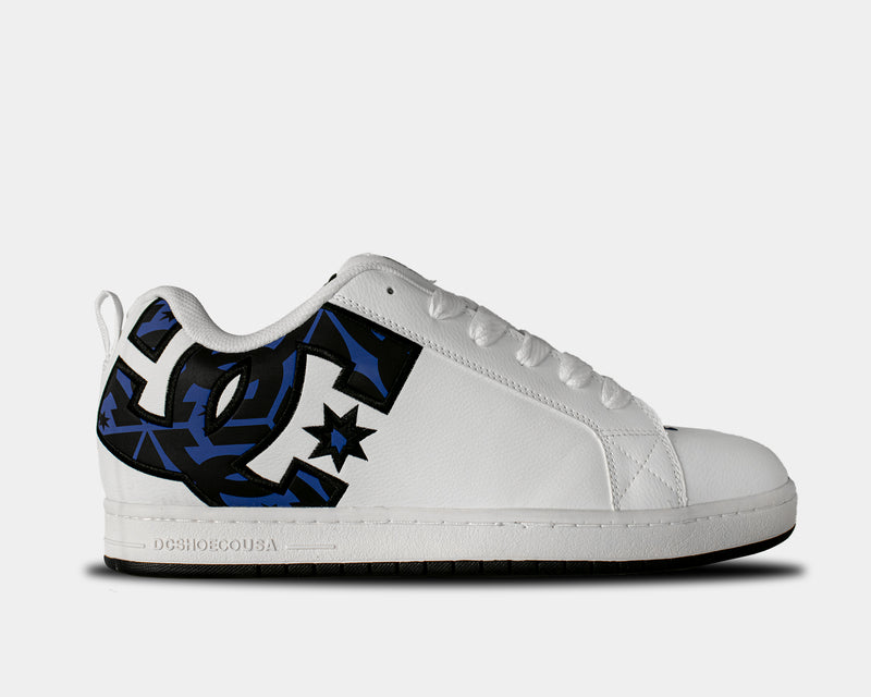 DC Footwear Court Graffik sneakers in white with bold black and blue logo detailing on the heel, side view.