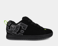 DC Footwear Court Graffik shoes in black with oversized gray logo detailing, neon green accents, and a low-top silhouette, side view.