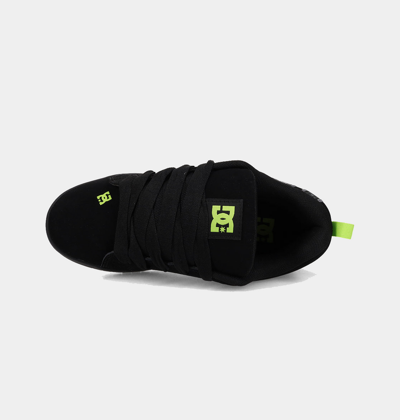 DC Footwear Court Graffik sneakers in black with neon green logo and heel pull tab, top view showing padded tongue and lace system.