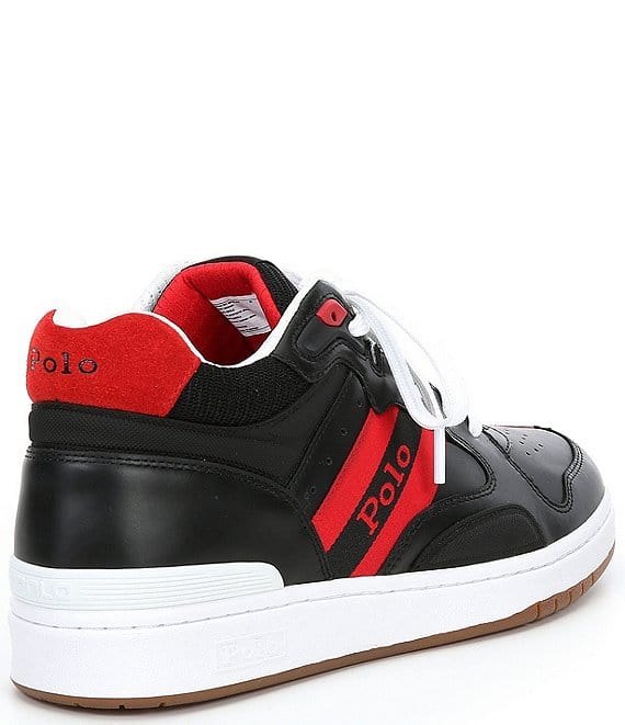 Polo Ralph Lauren Court Mid sneakers, black leather with red suede heel accents, white sole and lace-up design, back-side view.
