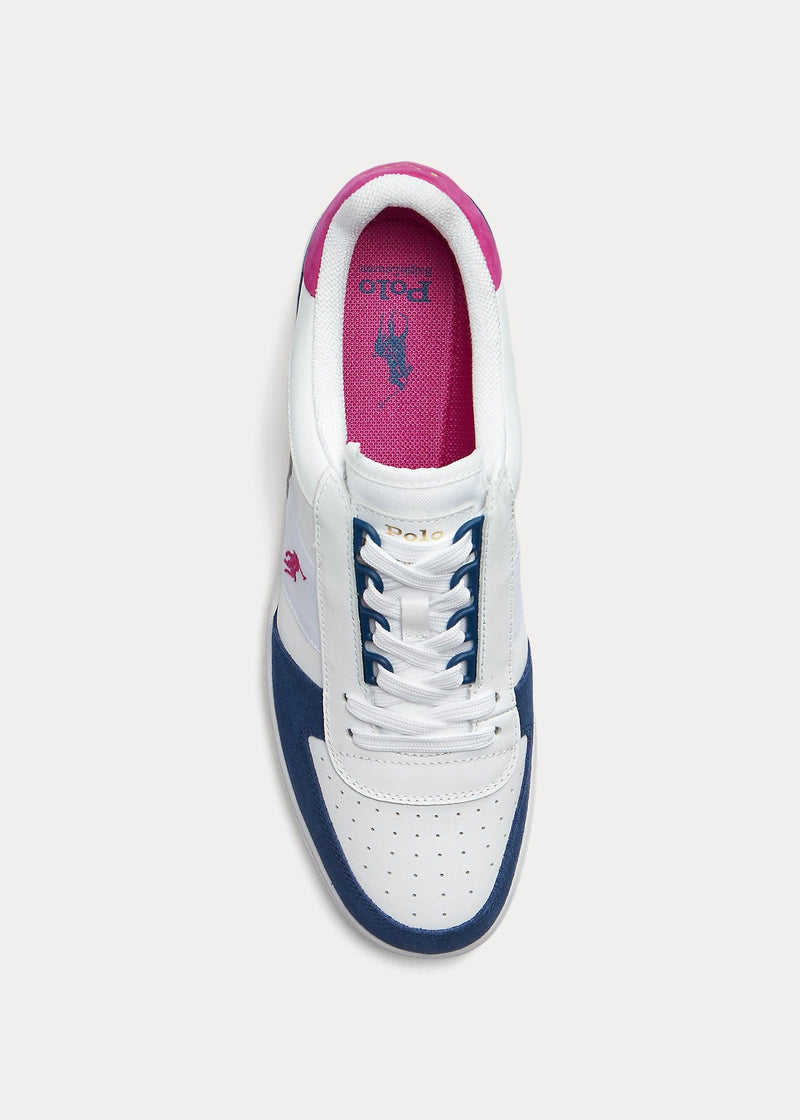 Polo Ralph Lauren Court PP shoes in white, navy, and pink with perforated toe box and branded pink insole, top view.