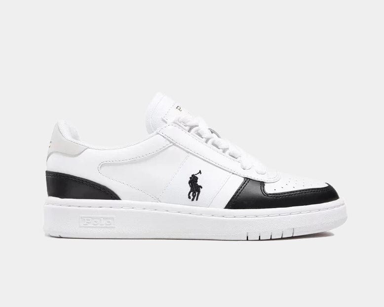 Polo Ralph Lauren Court PP sneakers in white and black leather with signature polo player logo, side view.